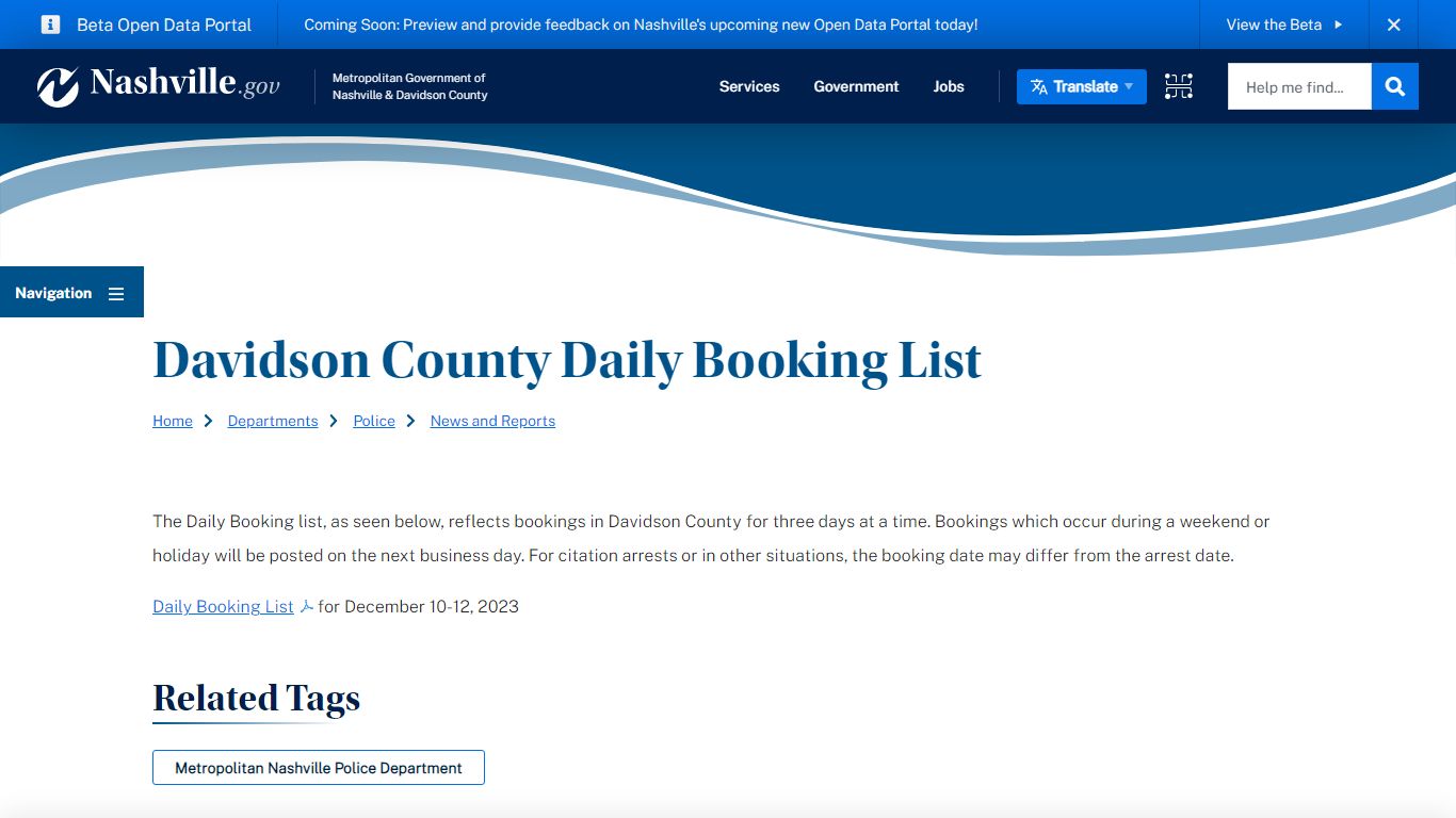 Davidson County Daily Booking List | Nashville.gov